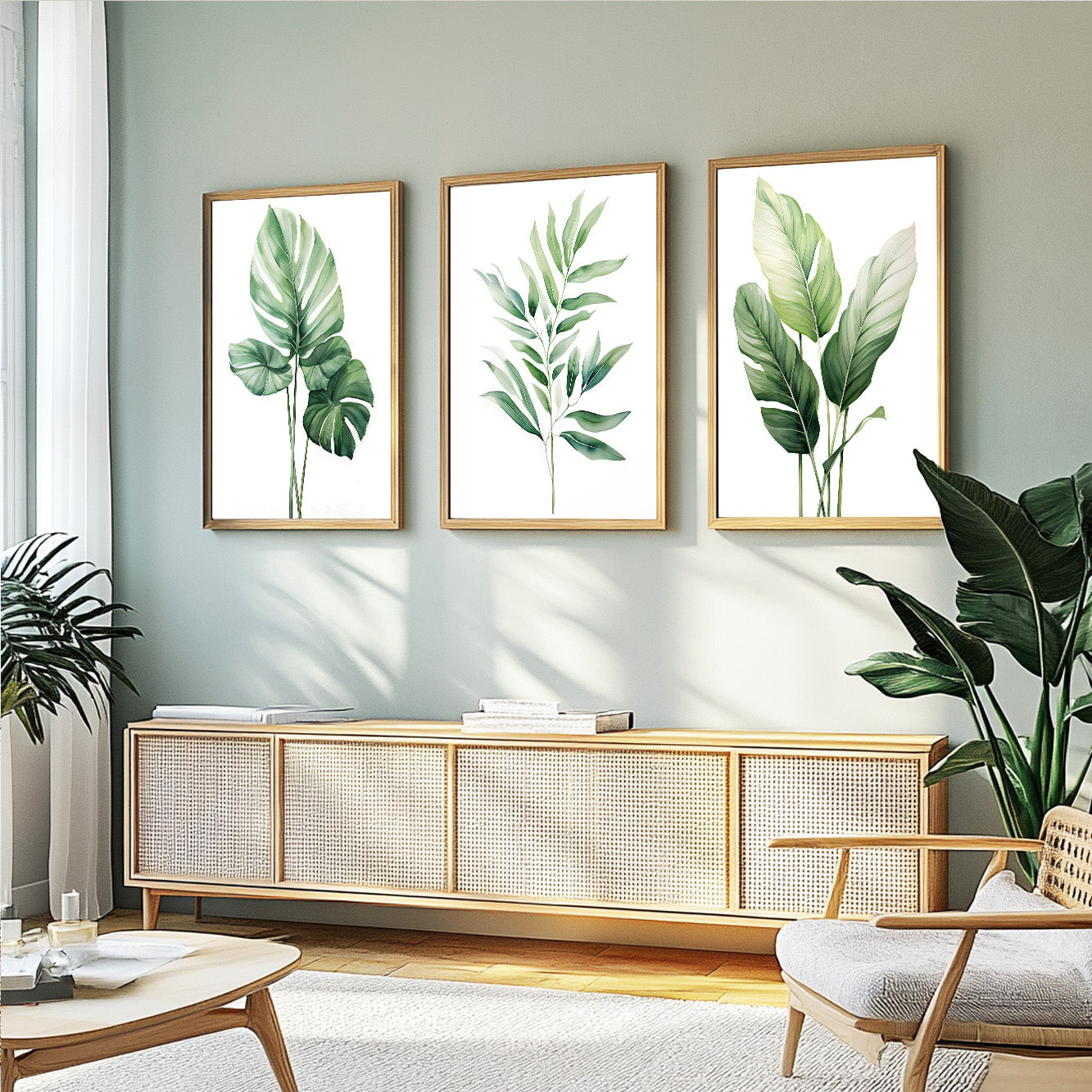 Tropical leaf wall art with elegant botanical illustrations in sage green and eucalyptus colors