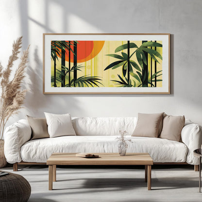 Contemporary tropical wall art showcasing layered palm leaves and warm orange accents for modern home decor