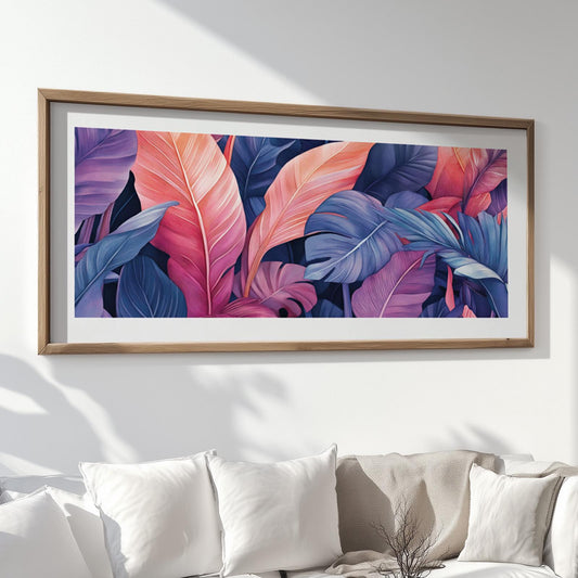Tropical wall art featuring pink and blue palm leaves with vibrant botanical foliage in a contemporary design