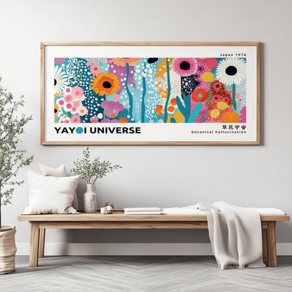 Panoramic floral abstract poster in natural wood frame displayed above a bench