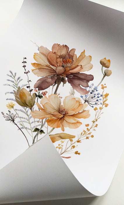 Vintage botanical floral prints in warm neutral colors
