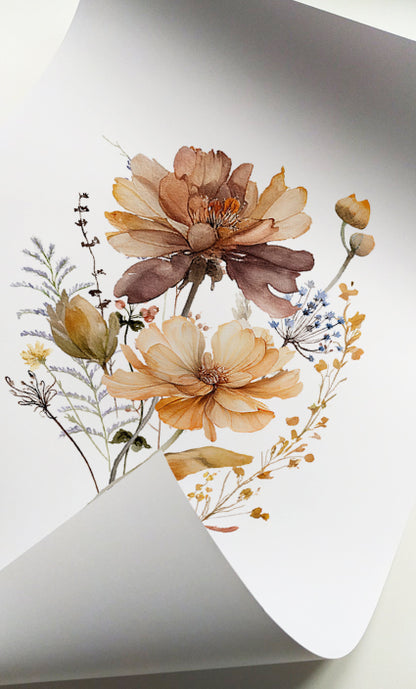 Vintage botanical floral prints in warm neutral colors