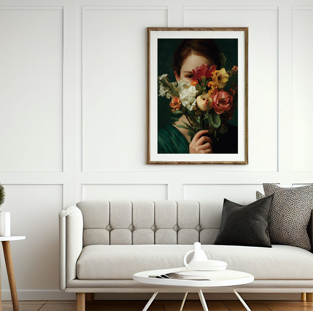 Vintage floral female portrait featuring an elegant woman holding richly colored flowers