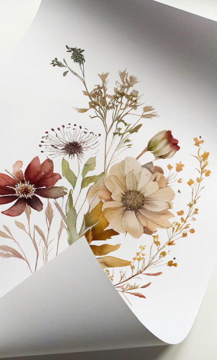 Vintage-inspired botanical flower prints in soft neutral colors