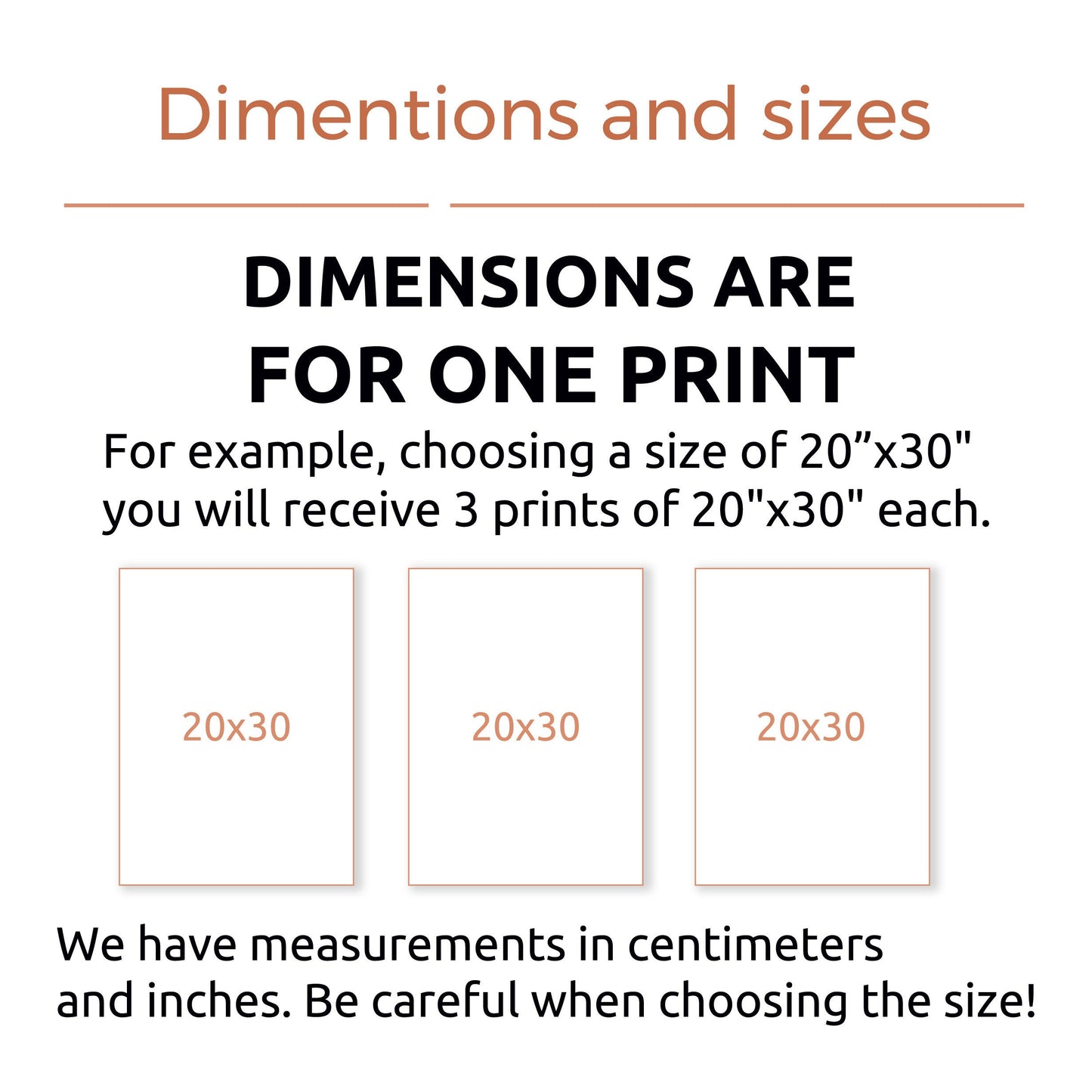 Size guide showing three rectangular prints side by side, each labeled 20x30 inches.