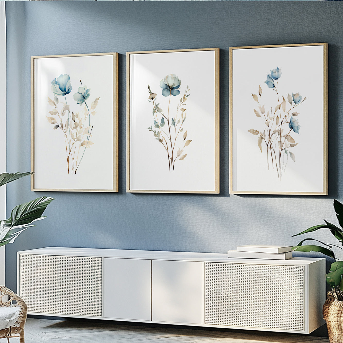 Modern watercolor floral prints with soft blue blossoms and neutral foliage
