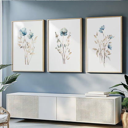 Modern watercolor floral prints with soft blue blossoms and neutral foliage