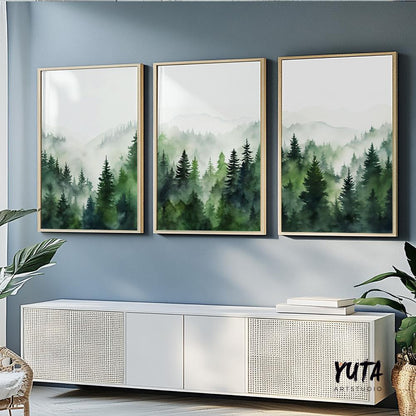 Mountain wall art set of 3 prints. Modern greenery mountain landscape gallery wall set. Nature 3 piece nordic abstract wall art