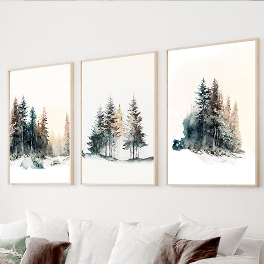 Watercolor forest wall art set of 3 featuring evergreen trees
