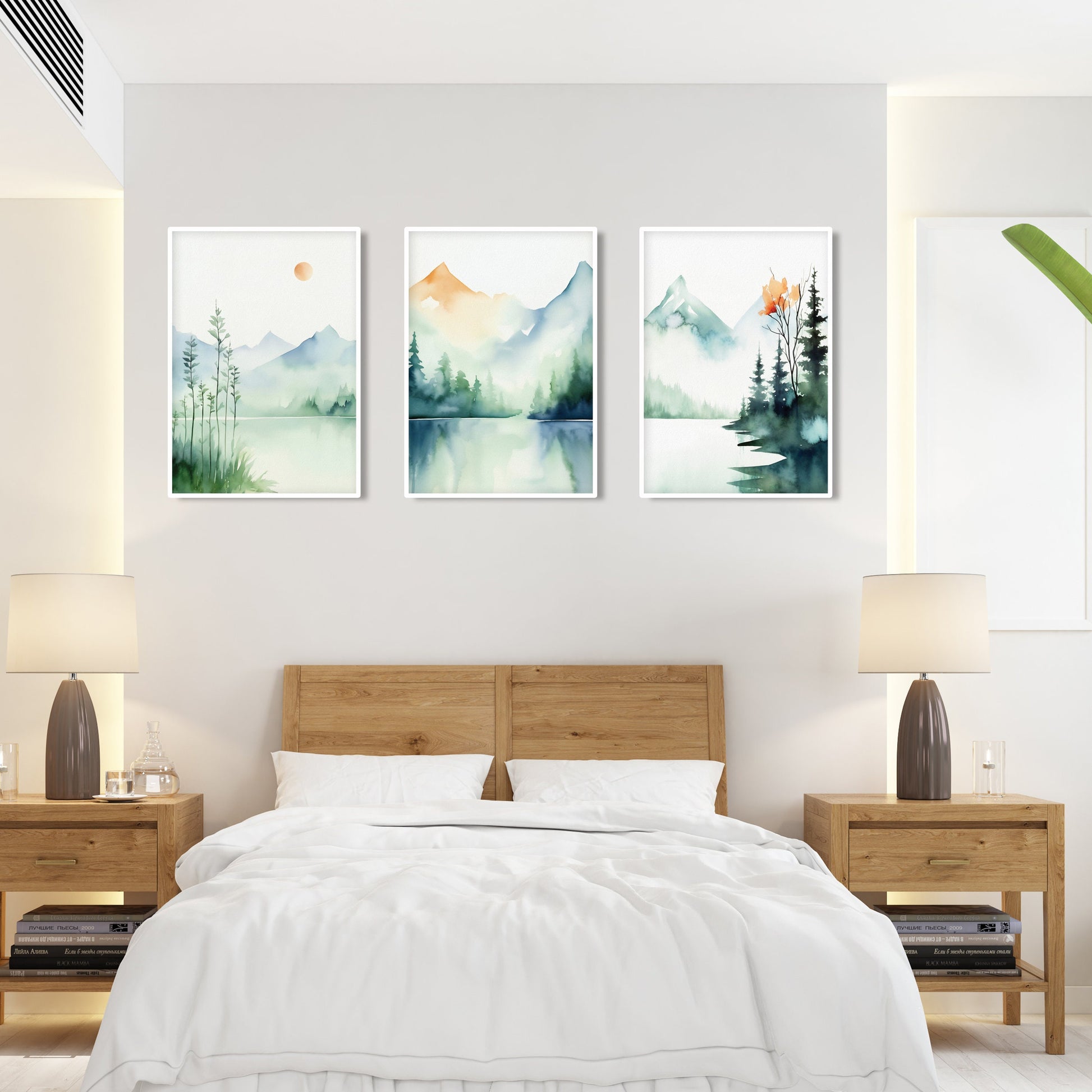 Watercolor landscape print set of 3 in calming green and blue tones