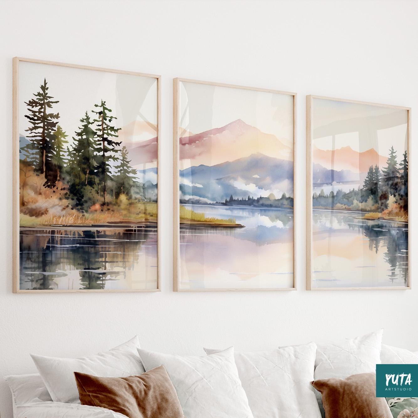 Set of 3 mountain wall art prints – abstract nature landscapes in colorful Scandinavian style.
