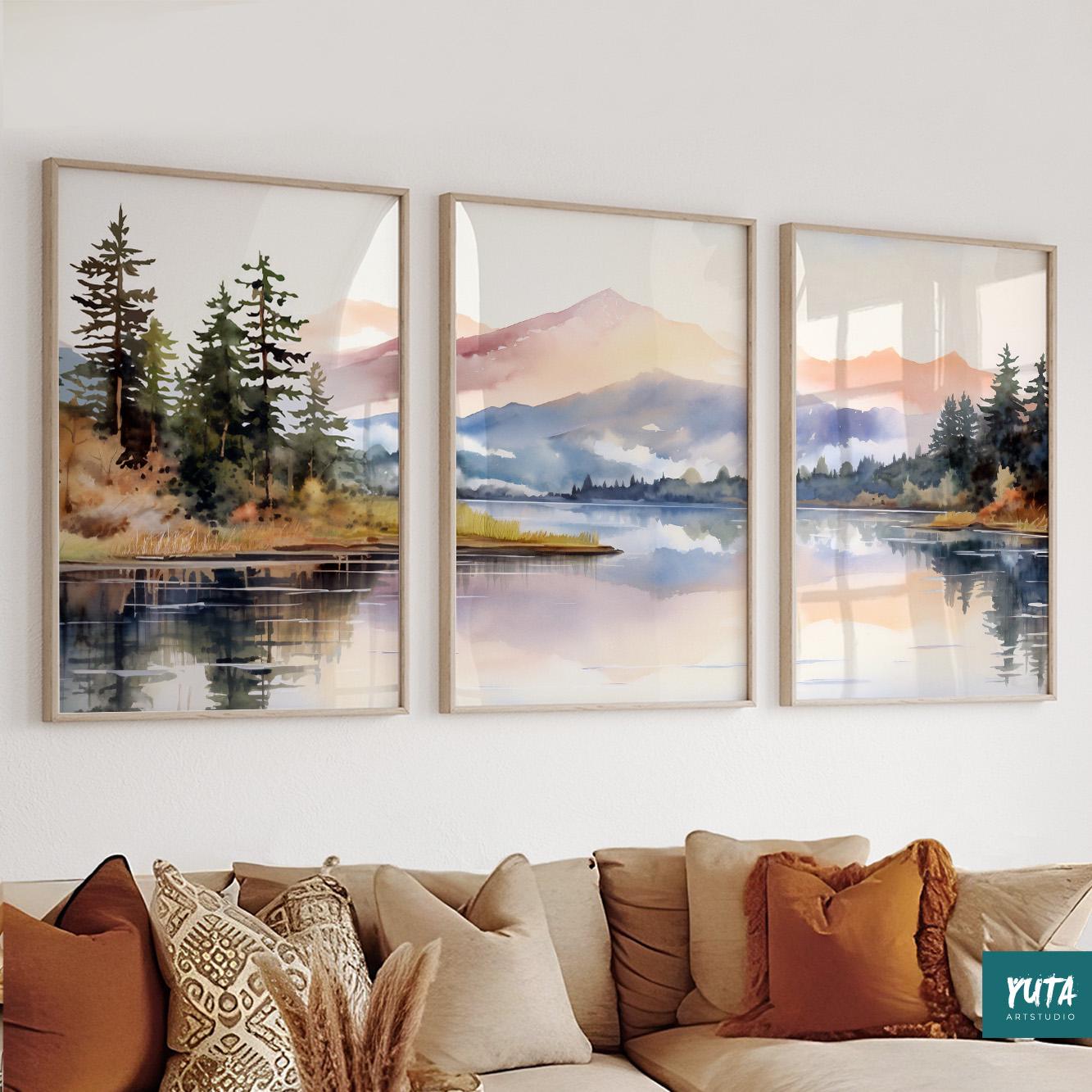 Modern mountain wall decor – abstract nature set of 3 prints for Nordic-inspired interiors.
