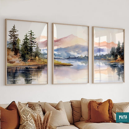 Modern mountain wall decor – abstract nature set of 3 prints for Nordic-inspired interiors.