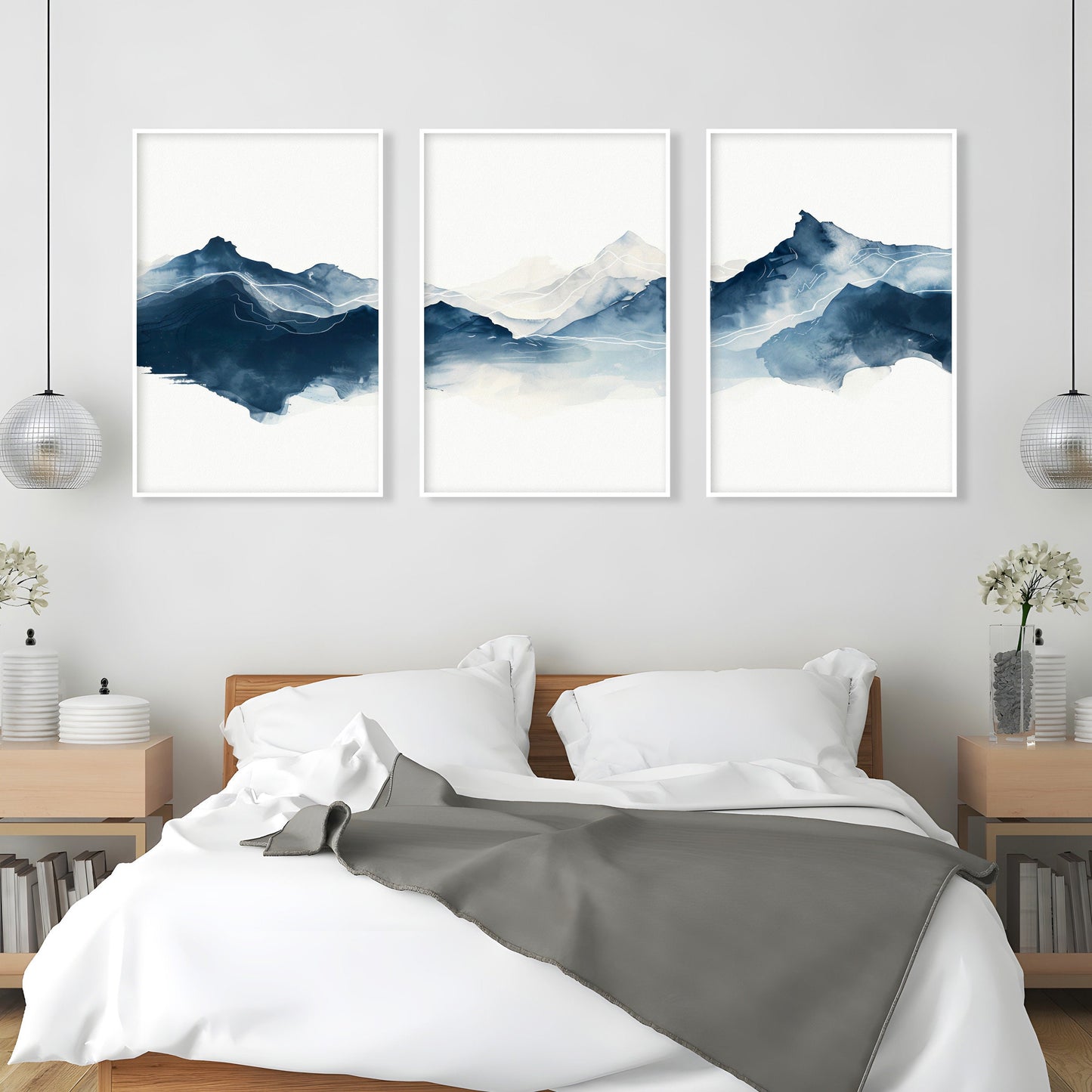 Navy blue abstract mountain set of 3 prints. Modern minimalist landscape gallery wall set.  Nature 3 piece wall art, blue nordic print