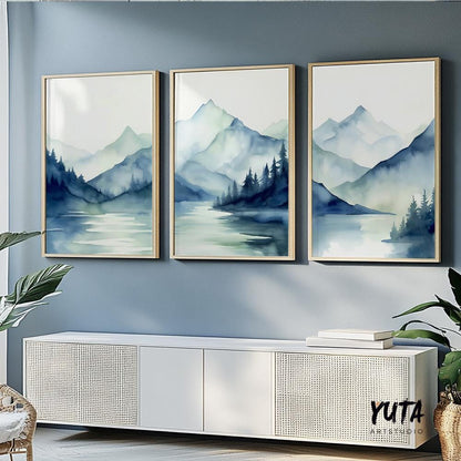 Navy blue mountains set of 3 prints. Modern minimalist mountain landscape gallery wall set.  Nature 3 piece wall art, nordic abstract print