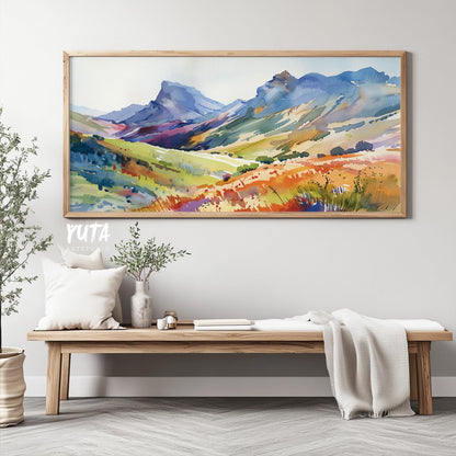 Watercolor mountain wall art showcasing colorful alpine landscapes, wildflower meadows and scenic mountain views