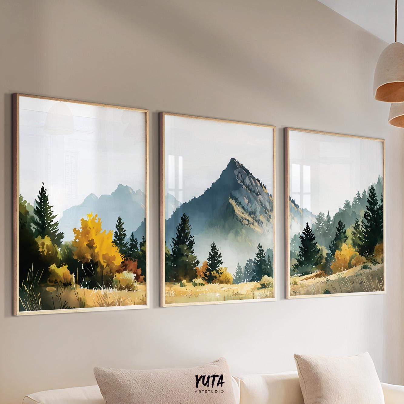 Watercolor mountain wall art featuring mist covered peaks, forest landscapes and calming nature inspired design