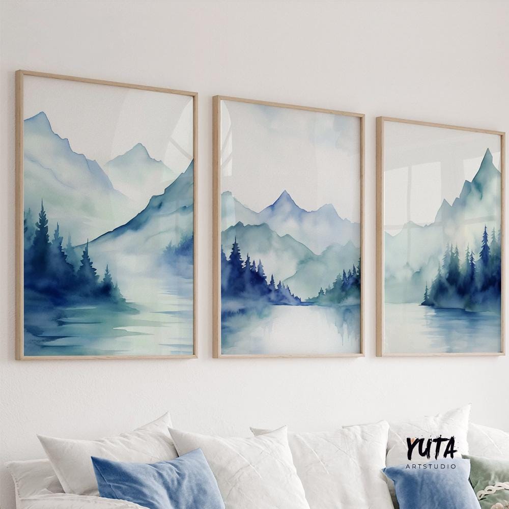 Navy blue mountain set of 3 prints. Modern watercolor minimalist landscape gallery wall set.  Nature 3 piece wall art, nordic abstract print