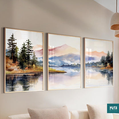 Abstract mountain triptych – modern wall art set of 3 with Nordic landscape inspiration.