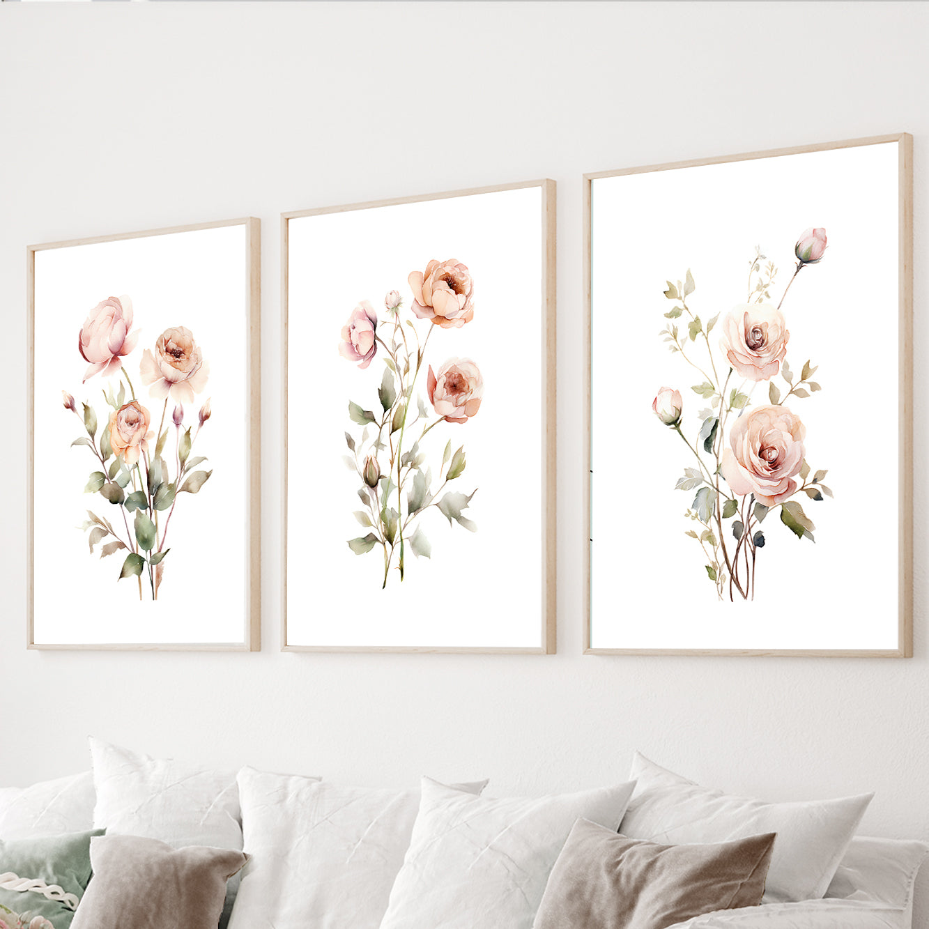 Watercolor rose wall art set of 3 featuring blush pink botanical flowers