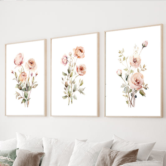 Watercolor rose wall art set of 3 featuring blush pink botanical flowers