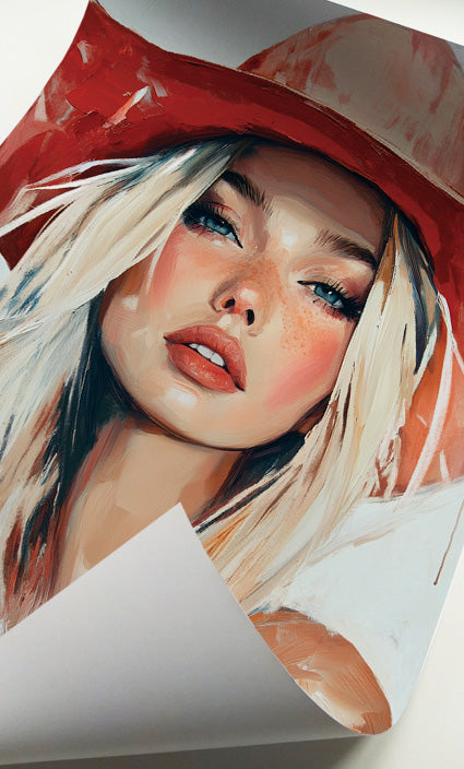 Western girl portrait print featuring a blonde woman in a bright red cowboy hat
