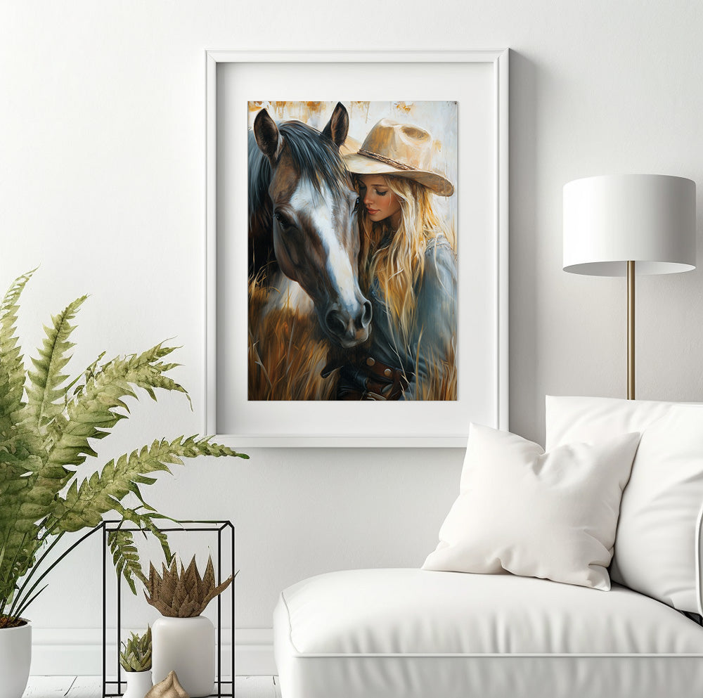Western horse woman wall art featuring a peaceful cowgirl and horse portrait in rustic tones