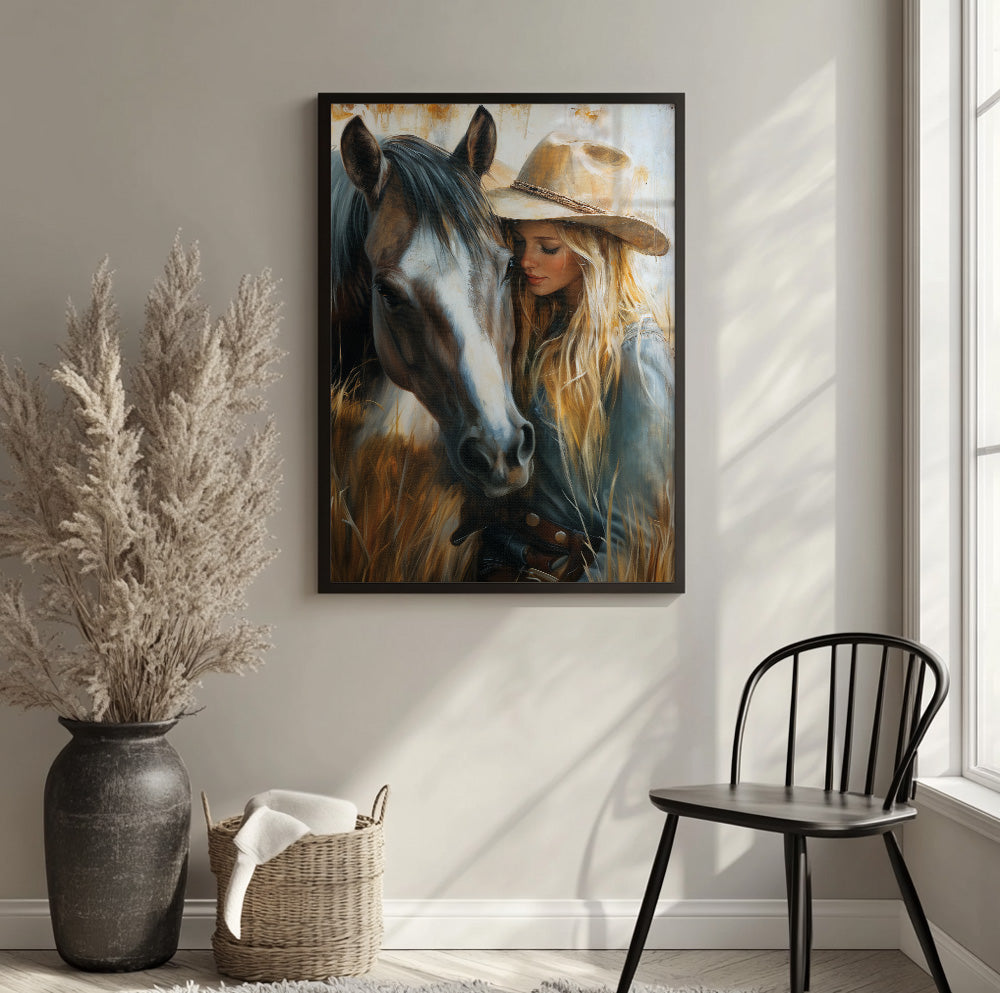 Western woman horse wall art featuring a blonde cowgirl standing closely beside a horse