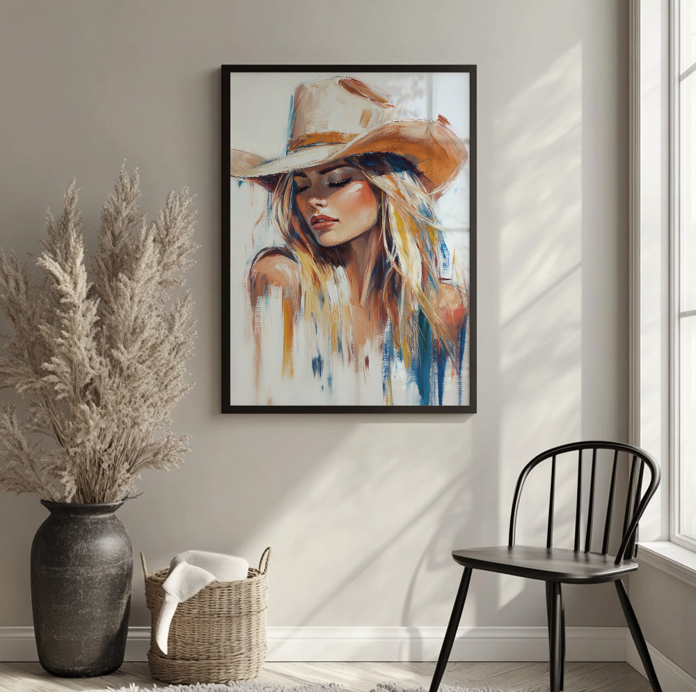 Western woman portrait featuring a blonde cowgirl with closed eyes and a cowboy hat