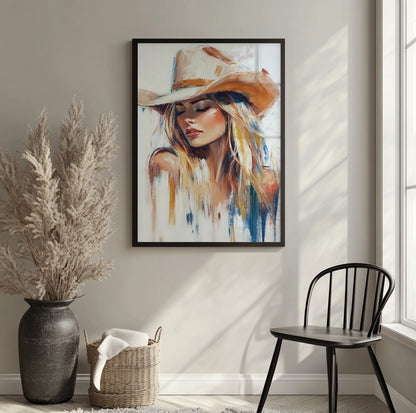 Western woman portrait featuring a blonde cowgirl with closed eyes and a cowboy hat