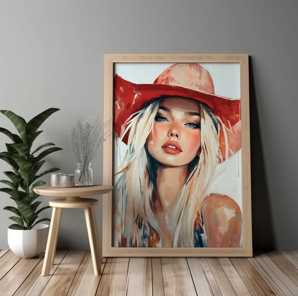 Western woman wall art featuring a feminine portrait with a red cowboy hat