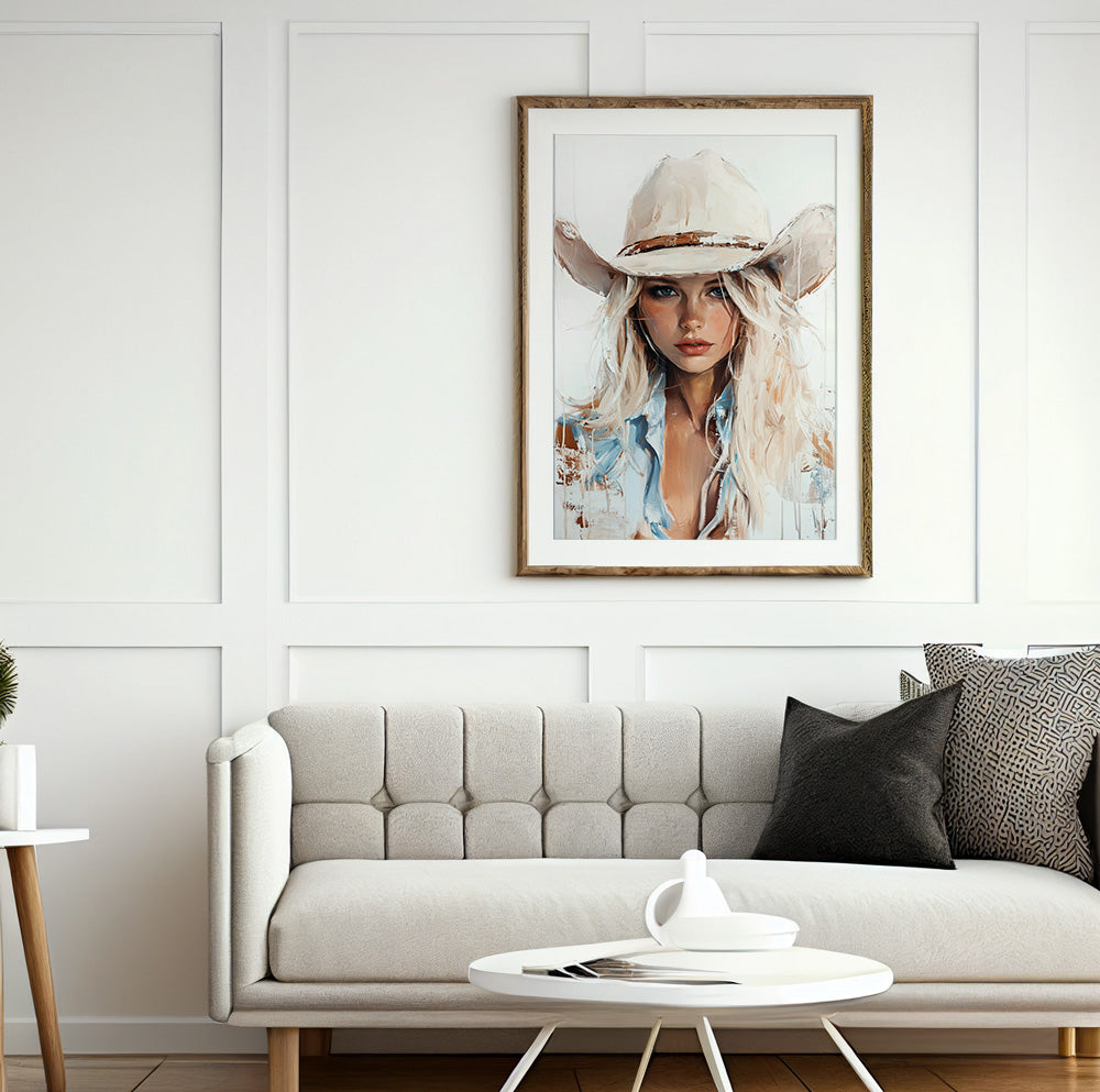 Western woman wall art featuring a blonde cowgirl in a modern painterly style