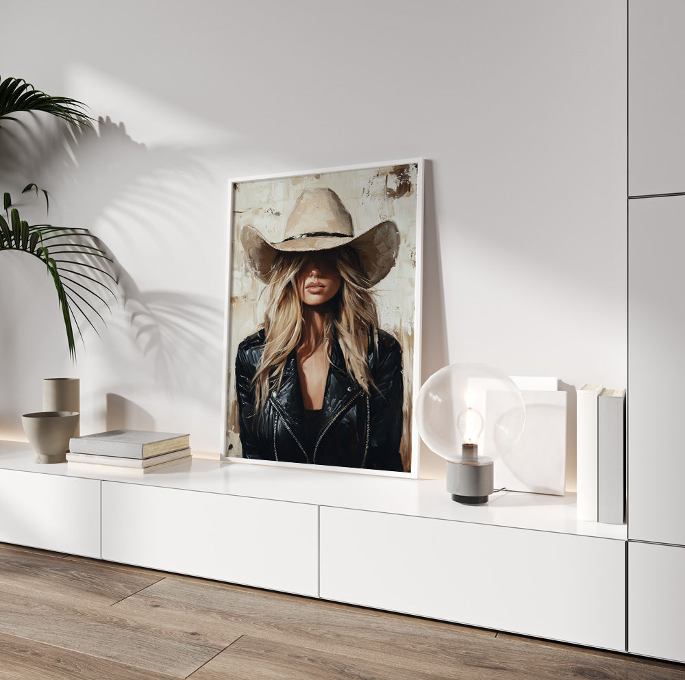 Western woman wall art with a blonde woman wearing an oversized cowboy hat
