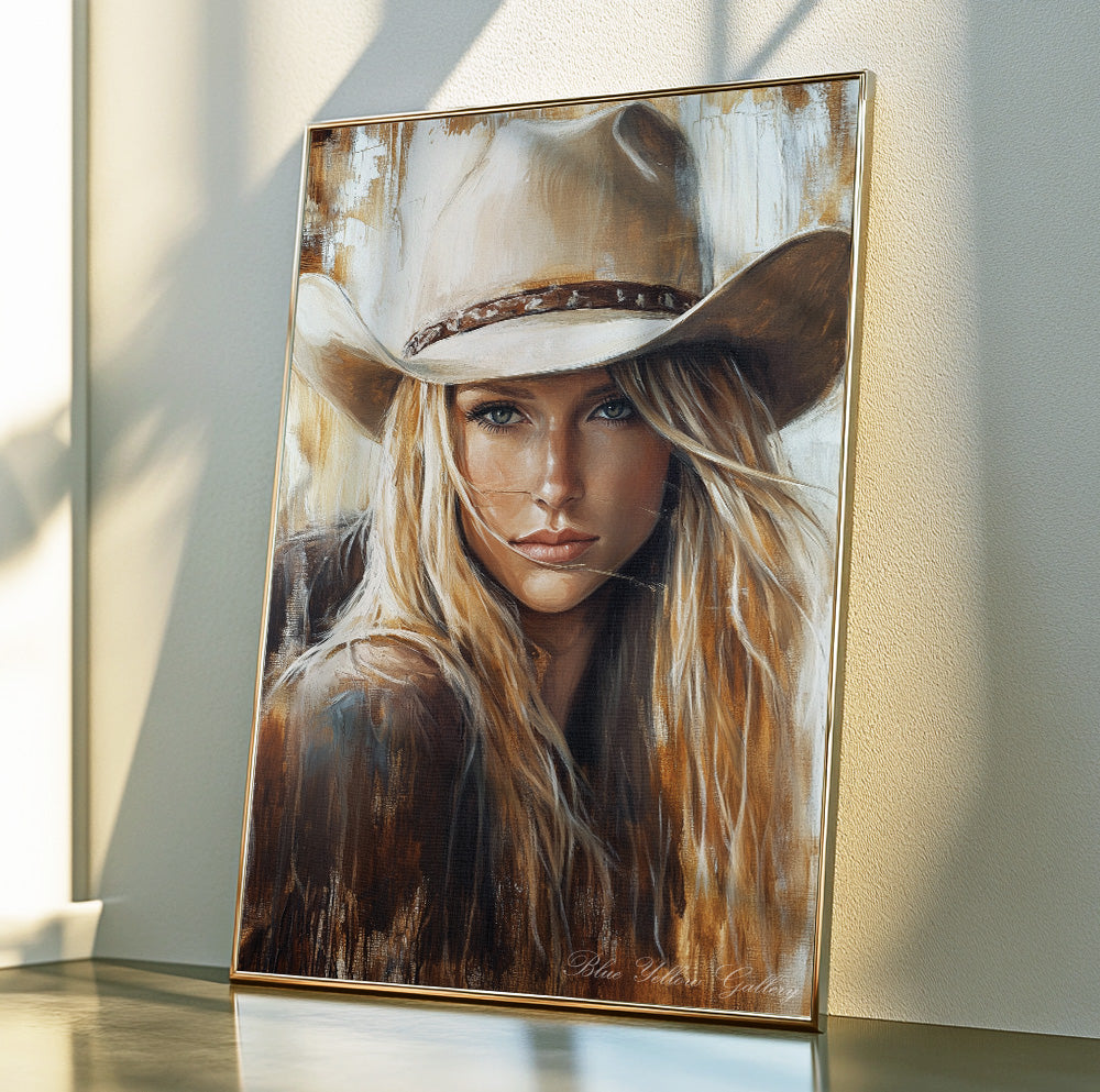 Western woman wall art with a blonde cowgirl portrait in beige, brown and cream tones
