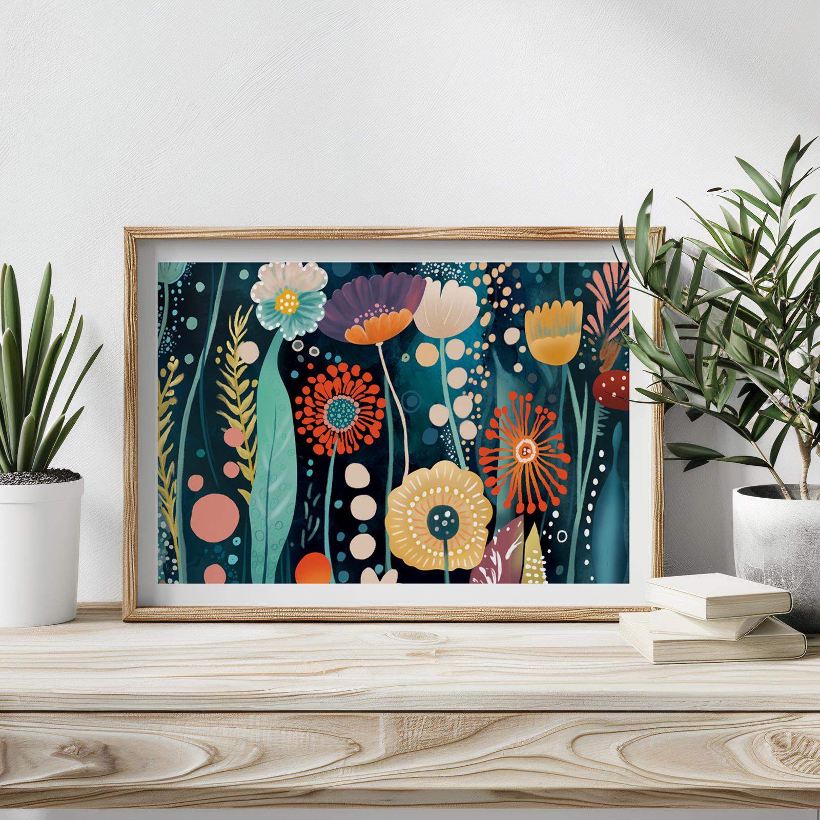 Framed abstract floral print displayed on a wood console with potted plants and stacked books