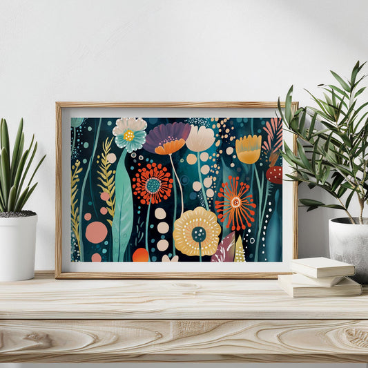 Framed abstract floral print displayed on a wood console with potted plants and stacked books