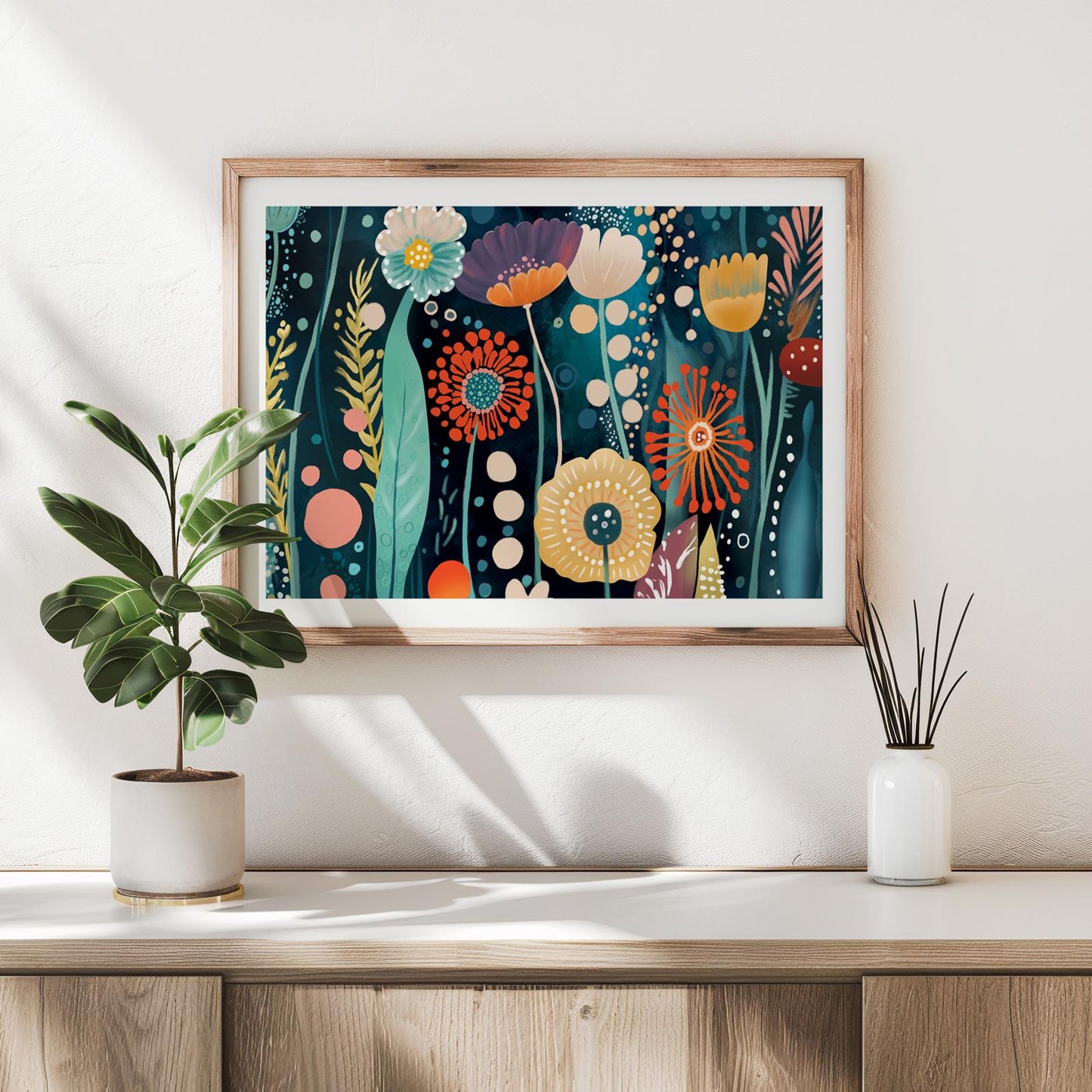 Framed abstract floral art print above a sideboard, shown with plant for size reference