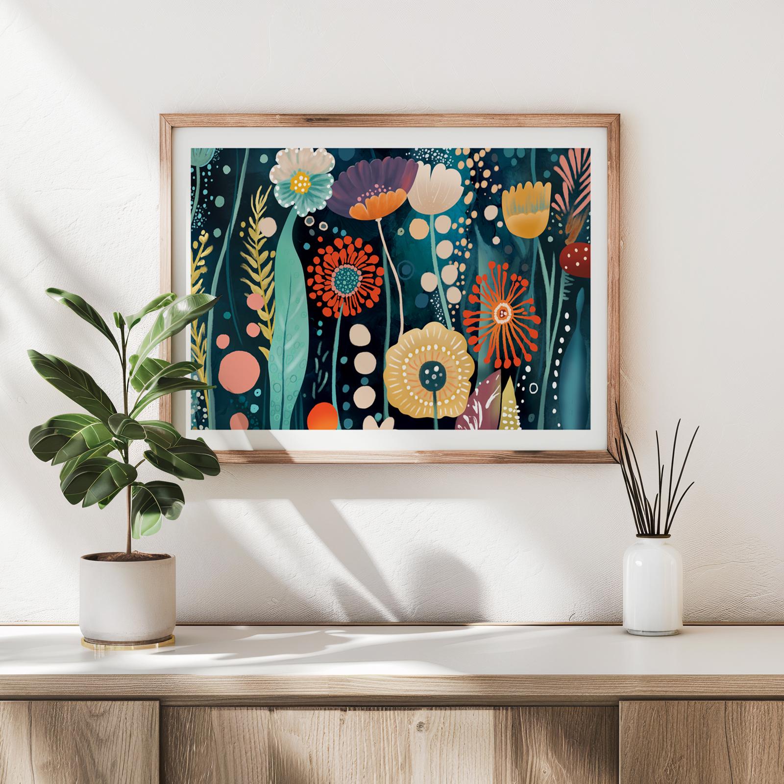 Framed abstract floral art print above a sideboard, shown with plant for size reference