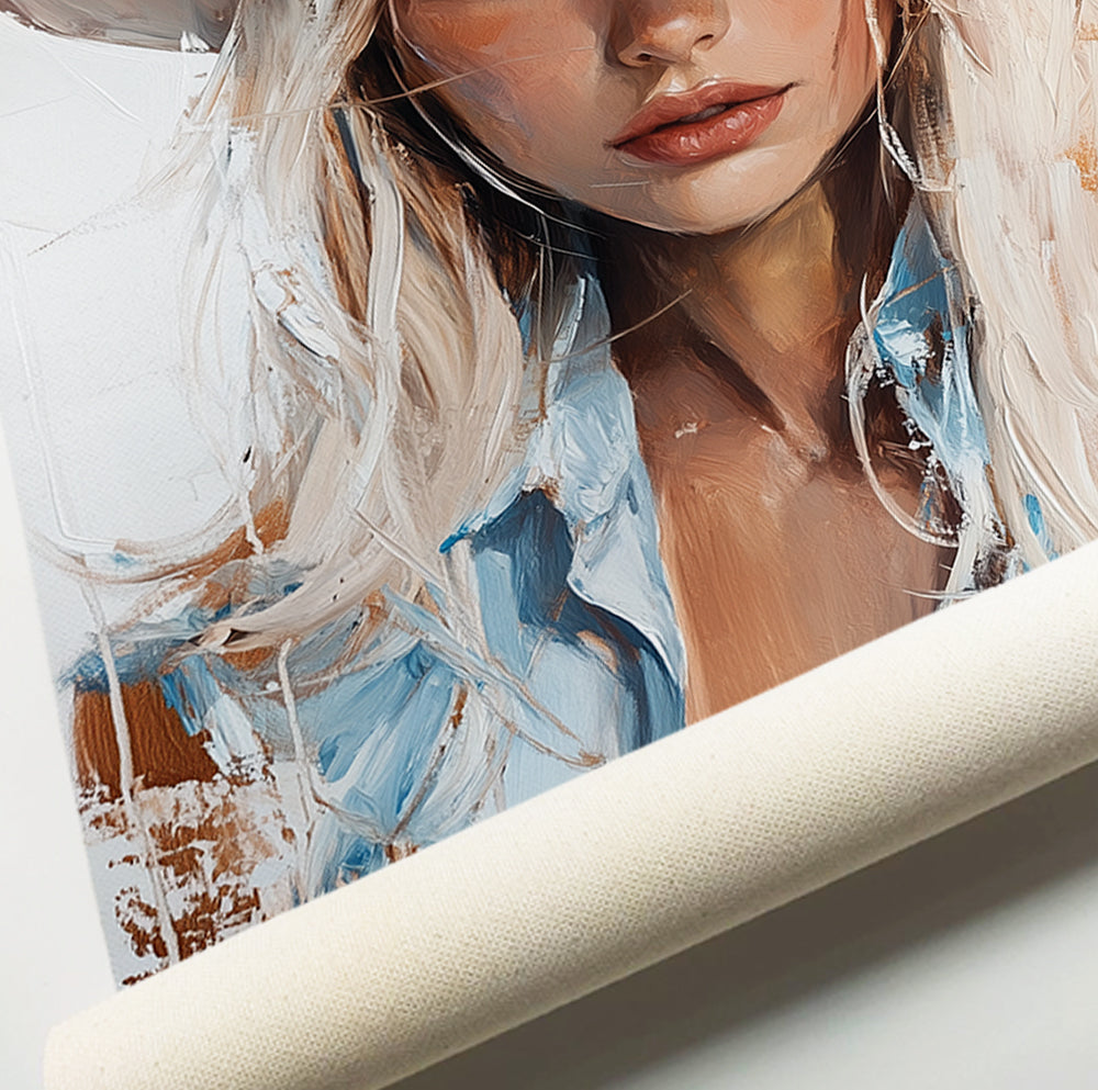 White cowboy hat art print featuring a blonde woman with blue and beige accents