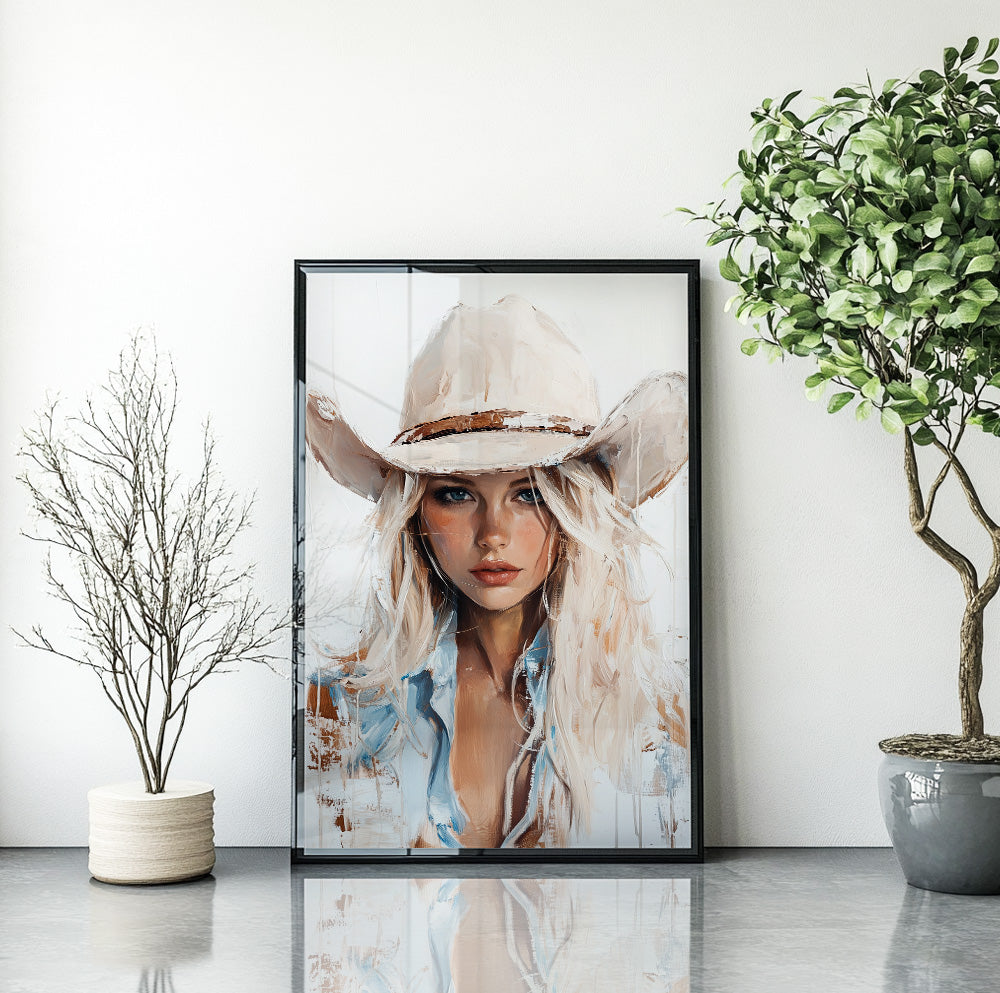 White cowgirl wall art featuring a blonde woman wearing a neutral cowboy hat
