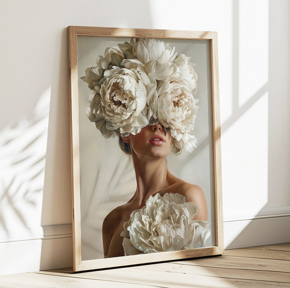 White floral woman portrait featuring large cream flowers covering the eyes in a soft neutral palette