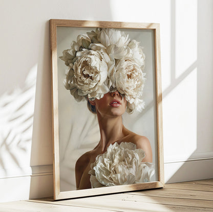 White floral woman portrait featuring large cream flowers covering the eyes in a soft neutral palette
