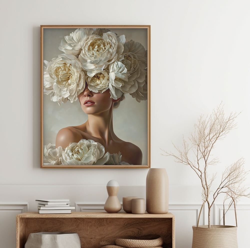 White flower crown woman portrait featuring abundant ivory peonies covering the eyes and framing her face