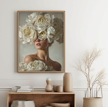 White flower crown woman portrait featuring abundant ivory peonies covering the eyes and framing her face
