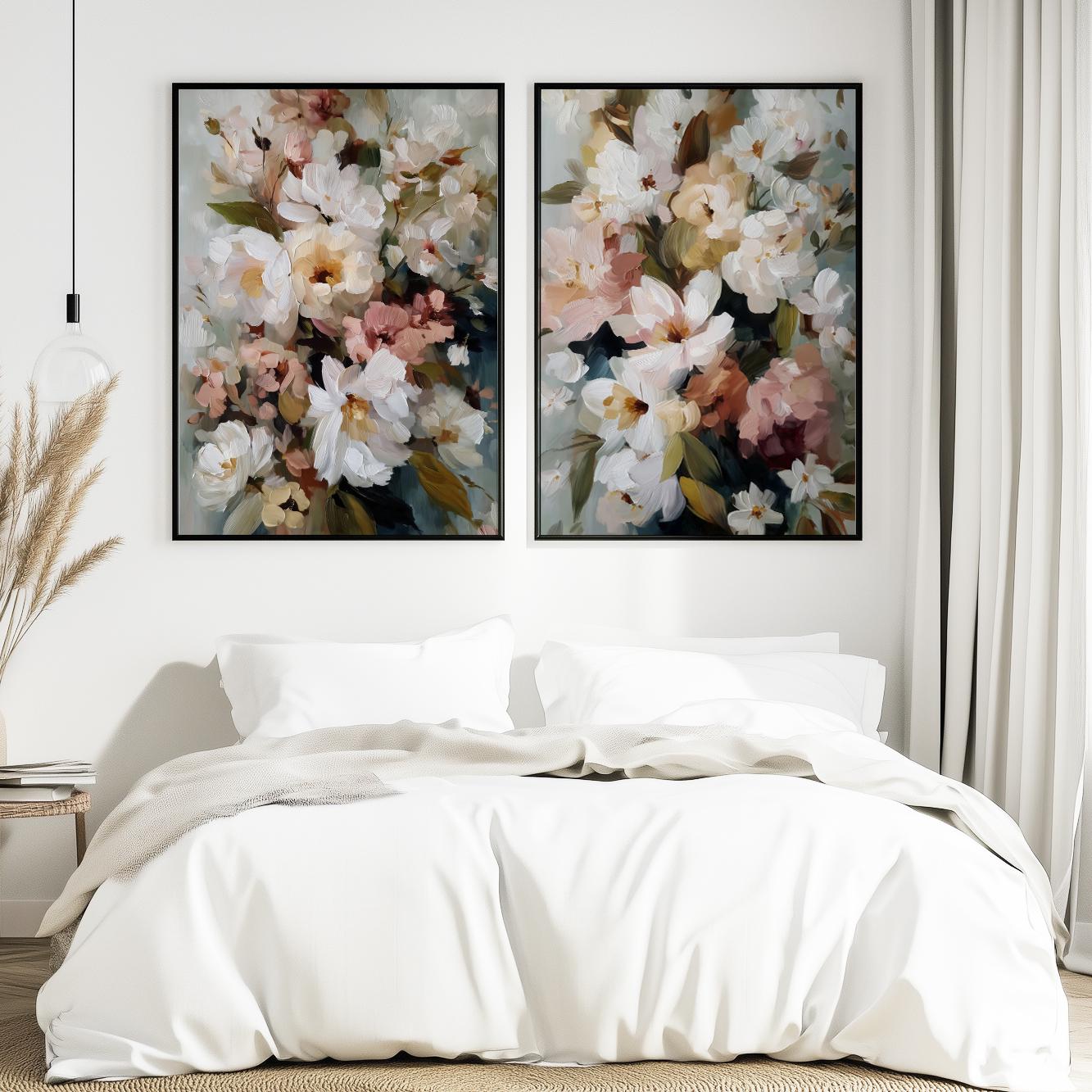 Modern botanical canvas prints with elegant white flowers and textured painterly brushstrokes