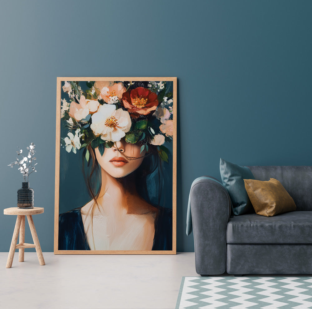 White flower woman portrait featuring large botanical blooms covering the eyes and a dark blue dress