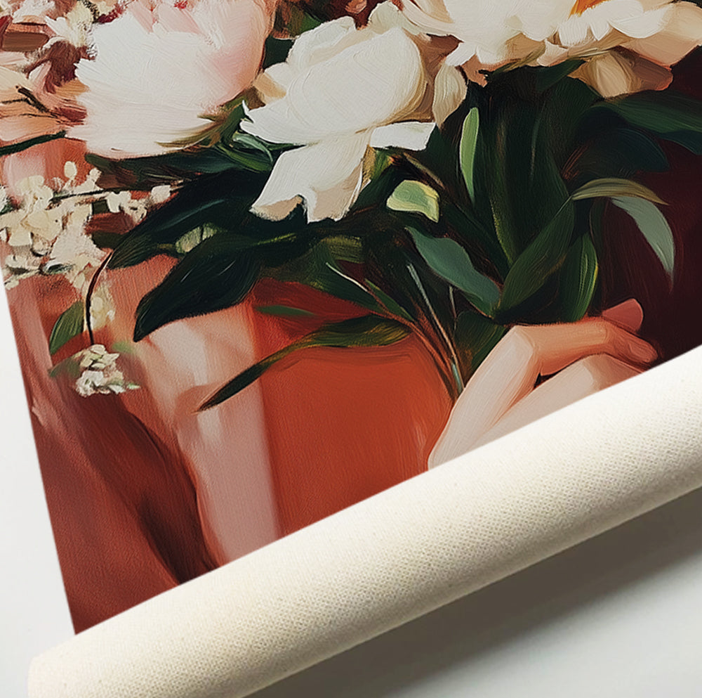 White peony bouquet wall art featuring a woman holding lush cream flowers in a painterly style