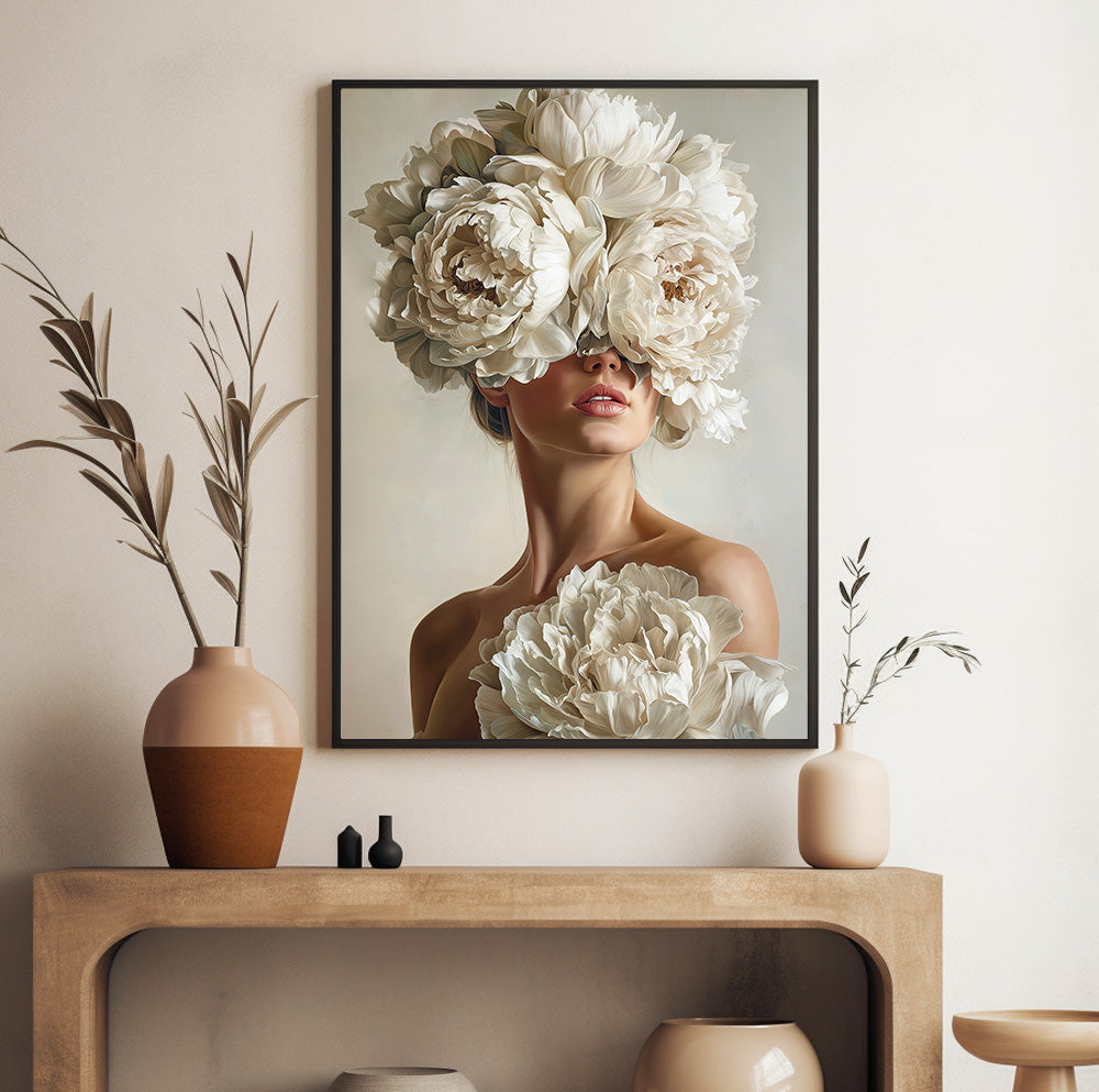 White peony woman portrait featuring oversized ivory blooms and an elegant neutral aesthetic