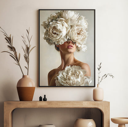 White peony woman portrait featuring oversized ivory blooms and an elegant neutral aesthetic
