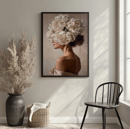 White peony woman portrait featuring large cream flowers and an elegant brunette updo